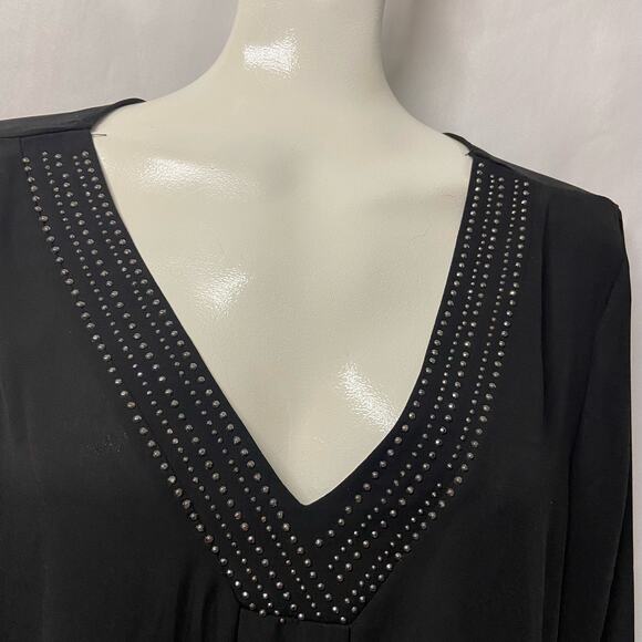 Janet Chung Top Shear Dark Black Sequin Studs Blouse Dressy Size L - Picture 3 of 10
